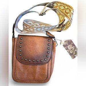 Sam & Hadley Vegan Leather Brown Studded Crossbody Bag Boho Strap Adjustable NWT